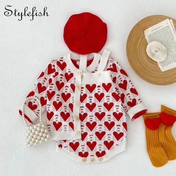 2023 baby 2 dalių kostiumą naują Kalėdų pavasario meilė megztinis, vaikiški drabužiai, vaikų romper+kailis mezgimo