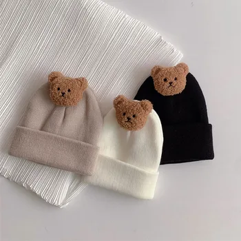 Korėjos Animacinių filmų Bear Kūdikiui Skrybėlę Minkštas Mielas vientisos Spalvos Naujagimio Kepuraitė Bžūp Rudens Žiemos Kūdikiams, Vaikiška Mergaičių, Berniukų Megzti Dangtelis 아기모자