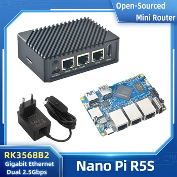 Nanopi R5s Rockchip Rk3568 Quad-core 2.0 GHz Dual 2.5 G + Gigabit Neprivaloma, 2 / 4 GB RAM, 8 / 16 GB EMMSP su Metalo Atveju, Minkštas Maršrutizatorius