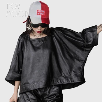 Novmoop stretwear chic stiliaus moterų žiemos juoda gpgb rankovės o-kaklo, avikailio natūralios odos purus kailis chaqueta mujer LT2927