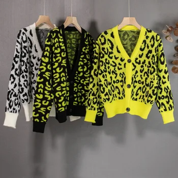 Pavasarį, Rudenį, Trumpas V-Kaklo Megzti Leopard Outwear Ilgomis Rankovėmis Atspausdintas Streetwear Cardigan Derliaus Formos Dugną Moterims Moteriški Megztiniai