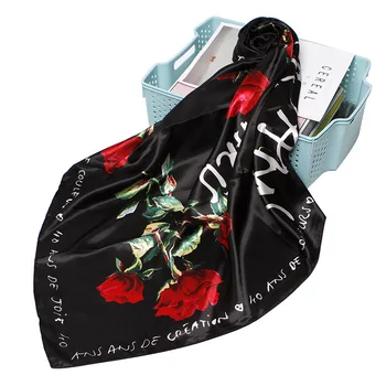 Rožių Gėlių Spausdinti Šalikas Moterų Mados Prabangių Hijab Skara Apsiaustas Juoda Gėlių Minkštas Lankelis Nosinė, Priedai, 90*90cm