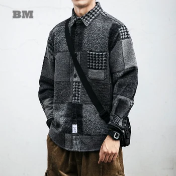 Rudenį, Žiemą Japonijos Streetwear Retro Susiuvimo Pledas Marškiniai Harajuku Mados Storio Atsitiktinis Vilnoniai Paltai Vyrams Kpop Korėjos Drabužių