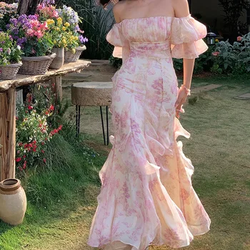 Saldus Off Peties Šifono Suknelė Moterims Vasaros Elegantiškas Sluoksniuotos Rankovėmis Dirželis Gėlių Ilgai Lady Suknelė, Prašmatnus Šalis Atostogų Vestido