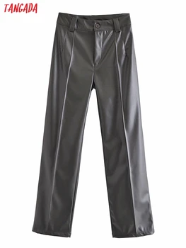 Tangada 2021 Mados Moterų Pilkos spalvos Dirbtiniais Odos Kostiumas Kelnės Kelnės Kišenės Office Lady Elegantiškas Kelnės Pantalon QN113