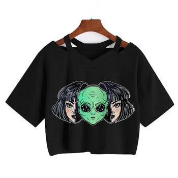 Vasaros Gotikos Anime ir Animacinių filmų Japonijos Moterų marškinėliai trumpomis rankovėmis V-kaklo Derliaus viršūnes Tee Punk Mergina Atsitiktinis Palaidų Harajuku Apkarpytos Viršų