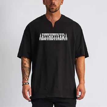 Veikia Sporto Drabužių Medvilnės V-kaklo Fitneso Mens Negabaritinių Prarasti Pusė Rankovėmis Marškinėliai Hip-Hop Streetwear Kultūrizmo T-shirt