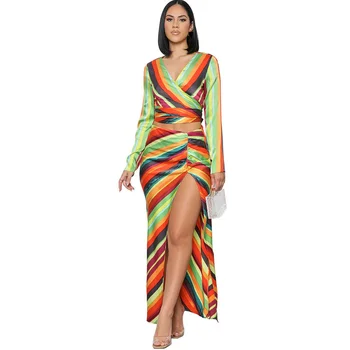 WUHE Dryžuotas Print Dress Kostiumai Long Sleeve V-Kaklo Derliaus Top Aukštos Ritininės Maxi Sijonas Nustatyti 2022 Elegantiškas Šalis Moteris, Dviejų dalių Komplektai 7