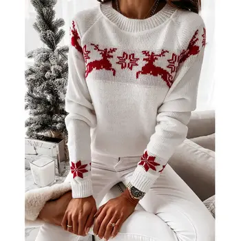 Y2k Moterų Kalėdų Apvalios Kaklo, ilgomis Rankovėmis Briedžių Snaigės Spausdinti Laisvi Megztiniai Viršūnes Megztinis Moterų Puloveriai Streetwear