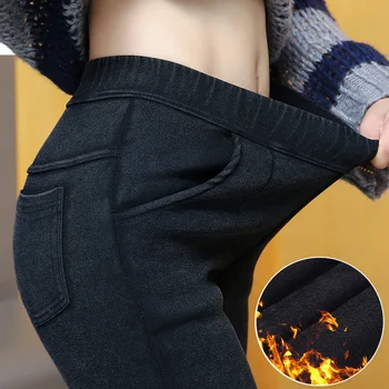 Žiemos didelio dydžio moteriški aksominis pamušalas storas šiltas pieštuku kelnės moterims outwear elastinga imitacija džinsinio antblauzdžiai DK-SX-XK1