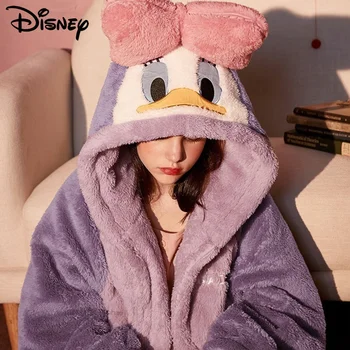 Disney Daisy Duck Sniego Baltumo Žiemos Koralų Aksomo, Naktiniai Drabužiai Pora MenThickened Chalatas Sleepwear Gobtuvu Moterų Pižamos Kostiumas