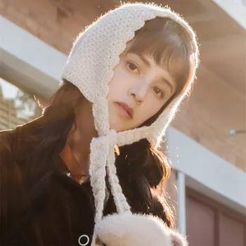 EOEODOIT Moterų Žiemos Saldus Lolita Kepurės Mergaitėms Bombonešis Skrybėlės Šiltas Storas Megztas Šiltas Ausies Raštas Nėrinių Sniego Kepurės Kepurės