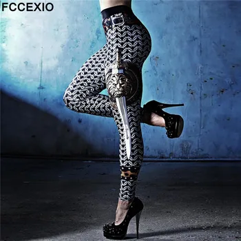 FCCEXIO Gotikos Grandinės Kardas 3D Spausdinimo Moterų Kelnės Sexy Push Up Veikia Sporto Antblauzdžiai Slim Kelnės Laisvalaikio Kelnės Fitness Antblauzdžiai