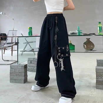 Gotikos Harajuku Juoda Krovinių Kelnės Moterims Grandinės Pločio Kojų Goth Hipių Streetwear Baltos Kelnės Prarasti Moterų Baggy Korėjos Mados