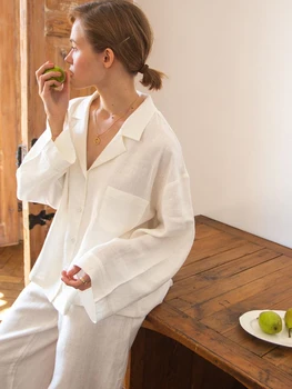 Hiloc Baltos Medvilnės Sleepwear 2022 Namų Kostiumas Moterims Rinkinius, Kelnės Prarasti Visą Rankovėmis Pižama Vieną Krūtinėmis Homewear Kišenėje