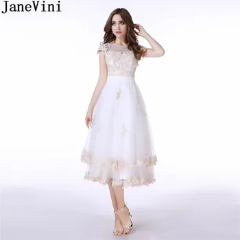 JaneVini Bruidsmeisjes Jurk Balta Bridesmaid Dresses 2019 Arbata-Ilgis Nėrinių Appliques Moterų Vestuvės Dress Mygtuką, Užtrauktukas Atgal