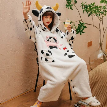Kigurumis Moterų Žiemos Tirštėti Hoodies Pižama Jumpsuit Korėjos Minkštas Šiltas Sleepwear Suaugusiųjų Animacinių Filmų Karvė Mielas Vientisas Pižamos