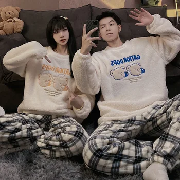 Korėjos Stiliaus Pora Pižama Moterų Rudens Žiemos Sutirštės Aksomo Koralų Aksomo Namų Drabužius, Šilti vyriški Dviejų dalių Sleepwear
