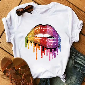 Mados Akvarelė Lūpų, T-marškinėliai Moterims Streetwear Atsitiktinis O-kaklo T-shirt Vasaros Moterų Tee Marškinėliai Moterims