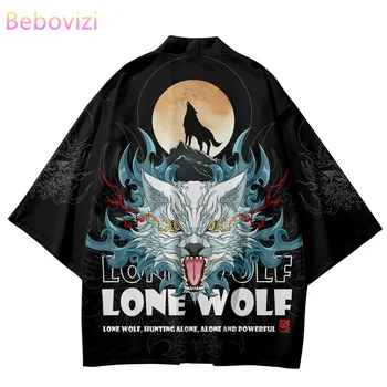 Mados Negabaritinių Lone Wolf Spausdinti Megztinis Moterims, Vyrams, Japonų Kimono Harajuku Cosplay Marškinėliai Yukata Haori Plius Dydis 6XL 5XL