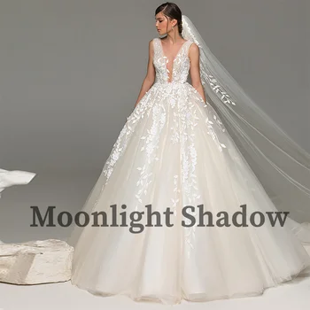 MoonlightShadow Giliai V-kaklo Vestuvių Suknelė Elegantiškas, Tiulis Rankovių-line Nėrinių Appliques Nuotakos Suknelės Suknelė Chalatas De Mariée