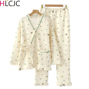 Moterų Medvilnės Prarasti Kimono Pižama, Nustatyti Japonijos Rudens Žiemos Oro Sluoksnis Namų Paslauga Storas Šiltas Spausdinti Pižamos Kelnės Sleepwear