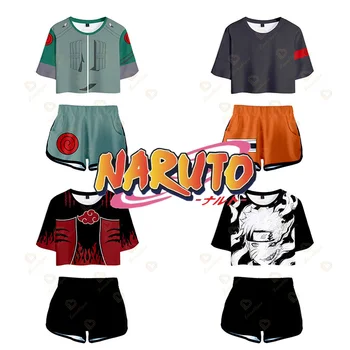 Naruto Pasėlių Viršuje Šortai 3d Spausdinimo Dviejų dalių Komplektas Trumpas Rankovės Cosplay Kostiumai Y2K Moterų Tracksuit Dviejų dalių Komplektus Vasaros Mergaitė Rinkiniai