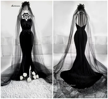 Plus Size Black undinė Gotikos Vestuvių Suknelė su Gėlėmis Vestuvinės Suknelės 2021 Iliuzija Appliques Vestuvių Suknelė vestido de noiva
