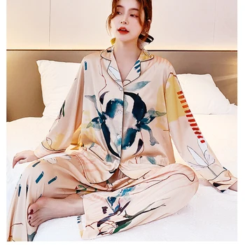 Rudenį Prarasti Spausdinti Satino Pižama Nustatyti Moterų ilgomis Rankovėmis Elastinga Juosmens Kelnes Sleepwear Dviejų dalių Komplektas Atsitiktinis Šilko Homewear Pijama