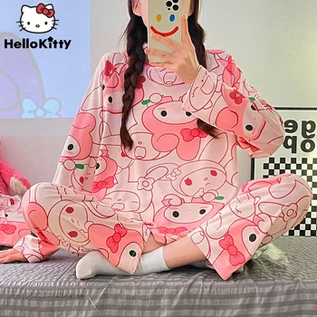 Sanrio Melodija Pavasario Namų Drabužių Moterų Animacinių Filmų Estetinės Sleepwear Viršūnes Kelnės 2 Dalių Komplektas Y2k Minkštas Kawaii Pižama Atitikimo Kostiumas