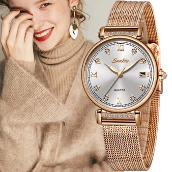 SUNKTA 2021 Sąrašas Rose Gold Moterų Laikrodžiai Kvarco Žiūrėti Ponios Viršų Prabangos Prekės ženklo Moteris Žiūrėti Mergina Laikrodis Relogio Feminino+Box 6