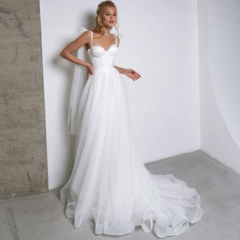 TIXLEAR Elegantiškas, Paprastas, be Rankovių Tiulio Vestuvių Suknelė Nuotakos 2022 Dirželiai Lankas Brangioji Valymo Traukinio Nuotakos Suknelė
