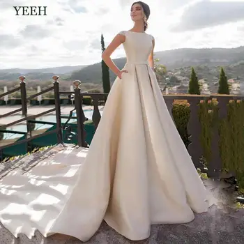 YEEH Paprasto Puoštas Satin A-Line Wedding Suknelė Nuotaka 2022 Princesė Nėriniai Atgal Chalatas De Soire Šiuolaikinės Bžūp Rankovėmis Vestido De Novia